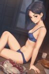  1girl arm_support black_hair blue_bra blue_panties book bra breasts candle cleavage crossed_legs head_tilt highres looking_at_viewer miura-n315 navel nipple_slip nipples paid_reward_available panties rinwell_(tales) short_hair sitting small_breasts smile solo stomach tales_of_(series) tales_of_arise underwear 