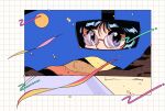  1girl black_hair blue_eyes border commentary glasses highres hill jenna_(rainynebula) landscape looking_at_mirror looking_at_viewer memphis_design mirror moon night original reflection retro_artstyle rimless_eyewear road scenery solo symbol-only_commentary 