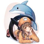  1girl anchor black_gloves brown_hair cabbie_hat dolphin fingerless_gloves gloves guilty_gear guilty_gear_strive hat hat_ornament highres hood hoodie long_hair long_sleeves looking_at_viewer may_(guilty_gear) mr._dolphin_(guilty_gear) orange_eyes orange_footwear orange_headwear orange_hoodie rin_arizu skull_and_crossbones skull_hat_ornament 