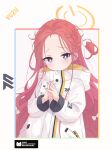  1girl absurdres blue_archive blue_eyes blush bow braid closed_mouth commentary forehead hair_bow halo highres interlocked_fingers jacket long_hair long_sleeves looking_at_viewer orange_halo red_hair rokukarashi solo upper_body white_bow white_jacket yuzu_(blue_archive) 