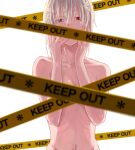 1girl accelerator_(toaru_majutsu_no_index) caution_tape censored collarbone commentary_request completely_nude flower genderswap genderswap_(mtf) hair_flower hair_ornament looking_at_viewer navel nude r_l_bear red_eyes short_hair simple_background solo suzushina_yuriko toaru_majutsu_no_index upper_body white_background white_hair 
