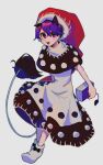  1girl animal_ears black_dress book doremy_sweet dress full_body grey_background hair_between_eyes hat highres holding holding_book large_hat leaning_forward looking_at_viewer minamia23 multicolored_clothes multicolored_dress nightcap open_mouth pom_pom_(clothes) purple_eyes purple_hair red_headwear short_hair simple_background smile solo standing tail tapir_ears tapir_girl tapir_tail touhou white_dress 