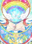  blue_sky book cloud crescent highres itomugi-kun moon musical_note no_humans open_book outdoors rainbow sky stained_glass star_(symbol) touhou wings 