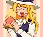  1girl 1jumangoku blonde_hair blush_stickers bow buttons circle closed_eyes collared_shirt commentary food fruit hat hat_bow highres holding holding_food holding_fruit leaf long_hair long_sleeves louise_(touhou) notice_lines open_mouth peach pink_background purple_bow purple_vest shirt single_strap smile solo striped striped_background symbol-only_commentary touhou touhou_(pc-98) two-tone_background upper_body vest white_headwear white_shirt yellow_background 