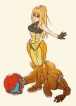  1girl armor_removed artist_name blonde_hair blue_eyes breasts brown_gloves full_body gloves hair_between_eyes headwear_removed helmet helmet_removed highres large_breasts long_hair metroid outstretched_arms oxcoxa ponytail samus_aran simple_background solo standing white_background zero_suit 