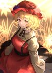  absurdres aki_minoriko black_skirt blonde_hair choker dress food-themed_hair_ornament grape_hair_ornament hair_ornament hat highres long_sleeves looking_at_viewer mob_cap red_dress red_eyes red_headwear ribbon rinkaito1231 shirt short_hair skirt smile touhou wheat_field wheat_print wide_sleeves yellow_shirt 