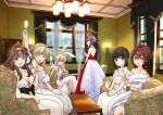  6+girls akebono_(kancolle) alternate_costume animal_ears black_eyes black_hair blonde_hair breasts brown_hair champagne_flute cleavage closed_eyes commentary_request couch cup curtains dress drinking_glass fubuki_(kancolle) furutaka_(kancolle) greyscale hairband heterochromia hitakikan indoors kantai_collection kongou_(kancolle) long_hair medium_hair monochrome multiple_girls rabbit_ears ranger_(kancolle) red_dress rensouhou-chan shimakaze_(kancolle) short_hair sidelocks sitting table white_dress white_hairband window yellow_eyes 