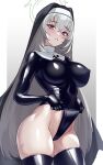  1girl black_thighhighs blue_archive blush breasts covered_nipples grey_hair groin halo highleg highres justina_follower_(blue_archive) leotard long_hair looking_at_viewer nun open_mouth purple_eyes sakurako_(blue_archive) skin_tight solo thighhighs veil volyz 