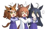  ... 3girls =_= agnes_tachyon_(umamusume) ahoge animal_ears bangs black_hair bow bowtie brown_hair cup ear_piercing hair_between_eyes highres holding holding_cup horse_ears horse_girl horse_tail horseshoe_ornament jungle_pocket_(umamusume) kuroshiro1011 labcoat long_bangs long_hair long_sleeves manhattan_cafe_(umamusume) messy_hair multicolored_hair multiple_girls open_mouth piercing pleated_skirt purple_serafuku purple_shirt purple_skirt sailor_collar sailor_shirt school_uniform serafuku shirt short_hair simple_background skirt sleeves_past_fingers sleeves_past_wrists spoken_ellipsis streaked_hair tail tracen_school_uniform translated umamusume upper_body white_background white_bow white_bowtie white_hair yellow_eyes 