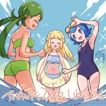 3girls :d adjusting_goggles arm_up bare_arms bike_shorts blonde_hair blue_eyes blue_hair blush breasts bright_pupils clenched_hands closed_eyes cloud day eyelashes from_below goggles goggles_on_head green_hair green_tube_top happy highres innertube kinocopro lana_(pokemon) lillie_(pokemon) long_hair mallow_(pokemon) milestone_celebration multiple_girls navel one-piece_swimsuit open_mouth outdoors pokemon pokemon_(anime) pokemon_sm_(anime) short_hair sky smile strapless swimsuit teeth thank_you tube_top twintails upper_teeth_only wading water white_pupils 