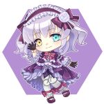  black_gloves blue_eyes border bow bowtie chibi cross-laced_clothes cross-laced_dress doll_joints dot_nose dress eiyuu_densetsu fol0050 frilled_dress frills gloves hairband hajimari_no_kiseki heterochromia highres joints lapis_rosenberg lolita_fashion lolita_hairband looking_at_viewer purple_background purple_dress red_bow red_bowtie simple_background smile two-tone_dress waving white_border white_dress yellow_eyes 