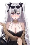  1boy 1girl @_@ absurdres arm_up azur_lane bag bare_shoulders black_bra blush bra breasts cleavage clothes_pull cowboy_shot earrings elbe_(azur_lane) elbe_(pure-hearted_bad_girl)_(azur_lane) eyewear_on_head hair_between_eyes hair_intakes hair_over_breasts hair_ribbon handbag highres holding holding_bag jewelry lace-trimmed_bra lace_trim large_breasts long_hair looking_down multicolored_eyes multicolored_hair nail_polish necktie off-shoulder_sweater off_shoulder open_mouth out_of_frame ribbon rk_(cc15915r) sidelocks sunglasses sweatdrop sweater twintails underwear white_background white_hair 