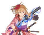  1girl blonde_hair breasts brown_eyes chest_sarashi commission djeeta_(granblue_fantasy) fikkyun flower glaring granblue_fantasy hadanugi_dousa hair_flower hair_ornament hairpin holding holding_sheath holding_sword holding_weapon japanese_clothes kagurabachi kagurabachi_pose_(meme) katana kengo_(granblue_fantasy) kimono looking_at_viewer meme pink_kimono sarashi scarf sheath short_hair signature simple_background small_breasts solo sword unsheathing vambraces weapon white_background 