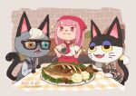  1girl 2boys :3 :d animal_crossing apron aqua_eyes artist_name basket black-framed_eyewear blue_necktie blunt_bangs blush blush_stickers border bow buttons cat_boy cauliflower closed_mouth collared_shirt commentary dated double-breasted dress_shirt drooling english_commentary fangs fish fish_(food) furry furry_male glasses grey_border grey_vest grilled_fish hands_on_own_hips hands_up head_scarf heterochromia hime_cut holding holding_ladle indoors ladle long_hair long_sleeves matchaneko multiple_boys necktie open_mouth outside_border pink_eyes pink_hair plaid plaid_shirt punchy_(animal_crossing) raymond_(animal_crossing) red_apron red_bow red_eyes red_headwear red_necktie shirt short_sleeves sidelocks smile standing table tablecloth tray v-shaped_eyebrows vest villager_(animal_crossing) waist_apron white_shirt wing_collar yellow_eyes 