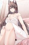  1girl absurdres amagi_(azur_lane) animal_ear_fluff animal_ears azur_lane bare_arms bare_shoulders blunt_bangs blush breasts brown_hair choker cleavage commentary dated_commentary dress fox_ears fox_girl fox_tail hair_ornament highres indoors kitsune knees kyuubi large_breasts long_hair multiple_tails parted_lips purple_eyes samip single_off_shoulder sitting solo strap tail thick_eyebrows white_dress 