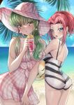 2girls absurdres alternate_costume alternate_hairstyle aqua_eyes ass back bare_arms bare_shoulders blurry blush breasts budgiepon c.c. cheese-kun code_geass commentary cowboy_shot crossed_bangs cup curvy day depth_of_field dress drinking drinking_glass drinking_straw earrings eyes_visible_through_hair food frown fruit furrowed_brow green_hair hair_between_eyes hand_up hat highres holding holding_cup jewelry kallen_stadtfeld lemon lemon_slice long_hair looking_at_viewer medium_breasts medium_hair multiple_girls ocean one-piece_swimsuit open_mouth outdoors palm_tree pink_dress pink_headwear plaid plaid_dress ponytail red_hair short_dress shy sidelighting sidelocks standing straight_hair striped striped_one-piece_swimsuit swimsuit tree white_one-piece_swimsuit yellow_eyes 