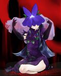  1girl black_background black_footwear black_gloves black_hair black_socks breasts china_dress chinese_clothes closed_mouth commentary_request covered_eyes dress elbow_gloves flower flower_on_head full_body gloves grape_print high_heels long_hair medium_breasts purple_dress purple_flower red_background seiza shuai_shen_si sidelocks sitting smile socks solo touhou unfinished_dream_of_all_living_ghost veil vine_print yomotsu_hisami 