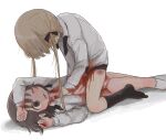  2girls black_eyes black_panties black_ribbon black_socks bleeding blonde_hair blood blood_on_clothes blood_on_hands blood_on_mouth blush bra brown_hair empty_eyes facing_another facing_down feet_out_of_frame girl_on_top hair_ribbon highres kill_me_baby long_hair looking_at_another multiple_girls no_pants no_shoes one_eye_closed open_clothes open_shirt oribe_yasuna panties parted_lips pink_bra pink_panties reaching ribbon socks sonya_(kill_me_baby) straddling twintails underwear yasashii_naizou yuri 