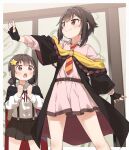  2girls :o absurdres black_cape black_gloves black_hair black_robe black_skirt blush brown_eyes cape closed_mouth collared_shirt commentary_request diagonal-striped_necktie dress_shirt feet_out_of_frame fingerless_gloves gloves hair_ornament hairclip hands_up highres komekko kono_subarashii_sekai_ni_bakuen_wo! kono_subarashii_sekai_ni_shukufuku_wo! long_sleeves looking_at_another looking_away low_twintails megumin multiple_girls neck_ribbon off_shoulder outstretched_arm pink_shirt pink_skirt pleated_skirt puffy_long_sleeves puffy_sleeves red_eyes red_ribbon ribbon robe school_uniform shirt short_twintails siblings sisters skirt smile standing star_(symbol) star_hair_ornament suspender_skirt suspenders twintails v-shaped_eyebrows white_shirt wide_sleeves yukie_(kusaka_shi) 
