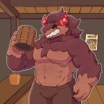  anthro bar beverage binca_233 bottomwear brown_body brown_fur canid canine canis clothing cookie_run cookie_run_kingdom devsisters fur hi_res horn inside male mammal muscular muscular_male pants red_horn sharp_teeth solo teeth wolf 