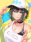  1girl :p adjusting_clothes adjusting_headwear akashi_maho bare_shoulders bikini bikini_top_only bikini_under_clothes black_background black_choker blonde_hair blue_eyes breasts candy choker chupa_chups cleavage closed_mouth collarbone commentary_request d4dj food green_hair hair_between_eyes hands_up hat holding holding_food jacket jewelry large_breasts light_blush lollipop long_sleeves looking_at_viewer multicolored_hair nyochio_(d4dj) off_shoulder partial_commentary ring shirt short_hair sidelocks sleeveless sleeveless_shirt smile solo sparkling_eyes standing streaked_hair swimsuit tongue tongue_out two-tone_hair upper_body white_headwear white_shirt wristband yellow_jacket yuzu_ponzu_(vgah7445) 