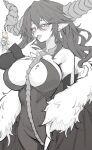  2girls absurdres angry bare_shoulders blonde_hair blush breasts chocolate chocolate_on_body chocolate_on_hand coat crack damn_reincarnation demon_girl detached_sleeves earrings food_on_body food_on_hand fur-trimmed_coat fur_trim gagrim highres horns jewelry kristina_rogeris_(damn_reincarnation) large_breasts long_hair looking_at_viewer multiple_girls noir_giabella_(damn_reincarnation) novel_illustration official_art pointy_ears single_horn tongue tongue_out valentine wrist_cuffs 