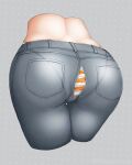  1girl ass ass_focus coco_(taiggerrock) denim grey_background highres hololive hololive_english jeans lower_body orange_panties panties pants pantylines polka_dot polka_dot_background striped striped_panties takanashi_kiara torn_clothes torn_jeans torn_pants underwear virtual_youtuber 