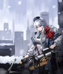  1girl absurdres animal_ears arknights bear_ears bear_girl blue_eyes blue_hair blue_headwear blue_necktie bow breasts buttons city coat hair_between_eyes harpoon_gun hat heterochromia highres holding holding_weapon kimsuwan2013 long_hair medium_breasts multicolored_hair necktie outdoors pink_hair red_bow red_eyes rosa_(arknights) snow solo streaked_hair wavy_hair weapon white_coat white_hair 