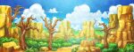  artist_request bare_tree blue_sky bush cloud commentary day english_commentary fushigi_no_dungeon game_cg no_humans official_art outdoors pokemon pokemon_(game) pokemon_mystery_dungeon rock scenery sky third-party_source tree wide_shot 