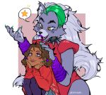  anthro belt cassie_(fnaf) claws clothed clothing collar duo ear_piercing emehdeh fangs female five_nights_at_freddy&#039;s five_nights_at_freddy&#039;s:_security_breach hand_on_another&#039;s_head hi_res human mammal open_mouth piercing roxanne_wolf_(fnaf) scottgames simple_background speech_bubble spiked_belt spiked_collar spikes star steel_wool_studios teeth white_background 