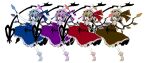  1girl alternate_color blonde_hair blue_eyes blue_hair blue_headwear blue_skirt blue_vest brown_eyes brown_hair brown_headwear brown_skirt brown_vest flandre_scarlet four_of_a_kind_(touhou) frilled_skirt frills full_body hat hat_ribbon holding holding_polearm holding_weapon laevatein_(touhou) looking_at_viewer mob_cap multicolored_wings open_mouth pink_headwear polearm puffy_short_sleeves puffy_sleeves purple_eyes purple_hair purple_headwear purple_skirt purple_vest red_eyes red_skirt red_vest ribbon ryuuzaki_(ereticent) short_sleeves simple_background skirt touhou vest weapon white_background wings 