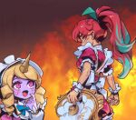  2girls :d angry arm_at_side blush bow bowtie cafe_cuties_sivir cafe_cuties_soraka dress drill_hair fire gem green_bow green_bowtie green_hair holding holding_tray horns large_bow league_of_legends long_hair looking_at_another looking_at_viewer looking_back maid_headdress multiple_girls phantom_ix_row pink_eyes ponytail puffy_short_sleeves puffy_sleeves red_dress red_hair short_sleeves side_drill single_horn sivir smile soraka_(league_of_legends) standing sweatdrop tray twin_drills white_bow 