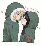 2girls ? black_hair blonde_hair blue_eyes brown_hair chito_(shoujo_shuumatsu_ryokou) eye_contact facing_another fur-trimmed_jacket fur_trim green_jacket height_difference highres hood hood_up jacket looking_at_another matching_outfits multiple_girls nuko_(shoujo_shuumatsu_ryokou) shoujo_shuumatsu_ryokou spoken_question_mark staring white_background yoyohachi yuuri_(shoujo_shuumatsu_ryokou) 