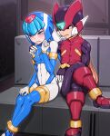  1boy 1girl absurdres android black_eyes blonde_hair blue_eyes blush boots breasts chair commission couch evil_smile feet_on_chair hand_on_another&#039;s_shoulder hand_on_own_face helmet highres leg_up leviathan_(mega_man) mega_man_(series) mega_man_x_(series) mega_man_x_dive mega_man_zero omega_(mega_man) open_mouth pixiv_commission robot robot_girl shy sitting smile thigh_boots thighhighs yfwid_harley zero_(mega_man) 