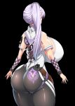  1girl ass black_background bodysuit breasts copyright_request from_behind hair_ornament highres huge_breasts kloah long_hair mecha_musume mechanical_parts multicolored_bodysuit multicolored_clothes multiple_bracelets purple_hair purple_nails sailor_collar see-through see-through_sleeves short_sleeves side_ponytail solo turtleneck_bodysuit white_sailor_collar 