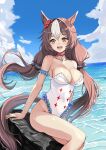  1girl adapted_costume animal_ears armlet bare_shoulders blue_sky breasts brown_hair ear_scrunchie feet_out_of_frame hair_between_eyes highres horse_ears horse_girl horse_tail jewelry large_breasts long_hair looking_at_viewer multicolored_hair necklace ocean on_rock one-piece_swimsuit open_mouth outdoors sitting sitting_on_rock sky smile solo streaked_hair swimsuit tail teeth tsukiyuki_mike twintails umamusume upper_teeth_only very_long_hair water white_hair white_one-piece_swimsuit yamanin_zephyr_(umamusume) yellow_eyes 