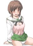  1girl black_neckerchief blouse blush breasts bright_pupils brown_hair camisole cleavage clothes_lift commentary crotch_seam elf_(stroll_in_the_woods) girls_und_panzer green_skirt highres light_frown long_sleeves medium_breasts miniskirt neckerchief nishizumi_miho ooarai_school_uniform open_mouth panties pink_camisole pleated_skirt sailor_collar school_uniform serafuku shirt shirt_lift short_hair simple_background sitting skirt skirt_lift solo textless_version underwear white_background white_panties white_pupils white_sailor_collar white_shirt 