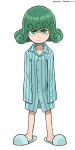  1girl absurdres closed_mouth curly_hair frown full_body gnsisir green_eyes green_hair highres looking_at_viewer one-punch_man one_(style) pajamas parody simple_background sleeves_past_fingers sleeves_past_wrists slippers standing striped striped_pajamas style_parody tatsumaki white_background 
