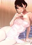  1girl arm_support blush brown_eyes brown_hair closed_mouth covering dytm female_pubic_hair hair_bun hand_up highres indoors leaning_to_the_side looking_at_viewer nipples nude nude_cover onsen original pubic_hair see-through solo towel water 