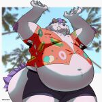  absurd_res aloha_shirt anthro behemoth_(housamo) belly big_belly bottomwear clothing hair hi_res horn lifewonders male mindofabear monster navel overweight pattern_clothing pattern_shirt pattern_topwear purple_hair shirt shorts solo surprise tokyo_afterschool_summoners topwear 