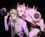  2boys animal_ears black_background blonde_hair cat_ears cheekbones clenched_hand colored_sclera diamond_wa_kudakenai formal highres jojo_no_kimyou_na_bouken killer_queen kira_yoshikage male_focus multiple_boys necktie purple_suit red_sclera slit_pupils smirk stand_(jojo) suit user_dapv2434 