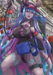  1girl backpack bag bare_shoulders beer_tap black_one-piece_swimsuit blue_hair blush body_markings bracelet breasts cleavage collarbone colored_skin covered_navel cup fate/grand_order fate_(series) grey_skin highleg highleg_swimsuit highres horns hose ibuki_douji_(fate) ibuki_douji_(swimsuit_berserker)_(fate) ibuki_douji_(swimsuit_berserker)_(first_ascension)_(fate) jewelry ksfactory large_breasts long_hair looking_at_viewer multicolored_hair one-piece_swimsuit oni oni_horns open_mouth pink_hair pink_headwear pink_one-piece_swimsuit pointy_ears ponytail pouch red_eyes sidelocks smile solo_focus stadium swimsuit tail thigh_strap thighs two-tone_swimsuit visor_cap wristband 