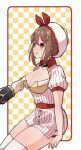  1boy 1girl atelier_(series) atelier_ryza atelier_ryza_1 atelier_ryza_2 blush breasts brown_hair cleavage hair_between_eyes hair_ribbon hat highres jewelry kaninoko necklace open_mouth puffy_short_sleeves puffy_sleeves red_ribbon reisalin_stout ribbon short_sleeves sidelocks simple_background sitting star_(symbol) star_necklace sweatdrop thick_thighs thighhighs thighs uniform waitress yellow_eyes 
