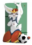  &lt;3 anthro areola biped blue_body border breasts cervikalova cinderace female fur generation_8_pokemon genitals hi_res kneeling nintendo nipples open_mouth pokemon pokemon_(species) pussy red_body simple_background solo wave white_body white_border white_fur 