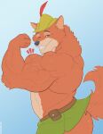  2023 absurd_res anthro barazoku belt biceps big_biceps big_muscles blue_background bottomwear canid canine claws clothed clothing deltoids disney emanata eyebrows flexing fox fur hat headgear headwear hi_res huge_muscles looking_at_viewer male mammal manly muscular muscular_anthro muscular_male pouch_(clothing) robin_hood robin_hood_(disney) side_view simple_background skirt smile solo standing teeth topless topless_anthro topless_male triceps tuft tylerstark vein 