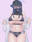  1girl absurdres ass_visible_through_thighs bare_shoulders baseball_cap belt bikini black_belt black_bikini black_hair black_headwear black_mask black_shirt blue_archive blue_eyes breasts capybara_nushino_mikoto coat commentary_request cowboy_shot crop_top groin hair_between_eyes halo harness hat highres large_breasts long_hair looking_at_viewer mask mouth_mask navel off_shoulder saori_(blue_archive) shirt simple_background sleeveless sleeveless_shirt snap-fit_buckle solo standing stomach swimsuit underbust white_coat 