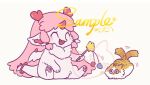  1girl animal_ears artist_name cat cat_teaser chibi closed_eyes fang feathered_wings full_body furry furry_female holding holding_stick hua_hua_de_meme long_hair open_mouth original pink_hair pink_horns sample_watermark smile solo stick tail tail_wagging white_background wings 