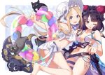  1girl abigail_williams_(fate) abigail_williams_(swimsuit_foreigner)_(fate) abigail_williams_(swimsuit_foreigner)_(third_ascension)_(fate) ass bare_shoulders barefoot beads belt bikini black_cat blonde_hair blue_eyes blush bonnet bow bracelet breasts cat cleavage collarbone fate/grand_order fate_(series) feet_out_of_frame floral_print foot_out_of_frame forehead goggles goggles_on_head hair_bow hair_bun hair_ornament innertube jewelry katana katsushika_hokusai_(fate) katsushika_hokusai_(swimsuit_saber)_(fate) legs long_hair looking_at_viewer medium_breasts miniskirt navel obi octopus one_eye_closed open_mouth parted_bangs purple_hair ryofuhiko sash sidelocks skirt small_breasts smile soles swimsuit sword thigh_strap thighs tokitarou_(fate) twintails very_long_hair weapon white_bikini white_bow white_headwear 
