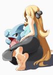  1girl artist_logo ass automatic_giraffe barefoot black_pants blonde_hair blue_shirt breasts closed_mouth cynthia_(pokemon) full_body gible grey_eyes hair_ornament hair_over_one_eye highres long_hair lying on_side pants pokemon pokemon_(creature) pokemon_(game) pokemon_dppt shirt sleeveless sleeveless_shirt smile toes very_long_hair 