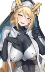  1girl absurdres armored_bodysuit black_gloves blonde_hair blue_eyes blush bodysuit braid breasts dress gloves goddess_of_victory:_nikke habit highres kurone_rinka large_breasts long_hair looking_at_viewer nun rapunzel_(nikke) smile solo standing very_long_hair 